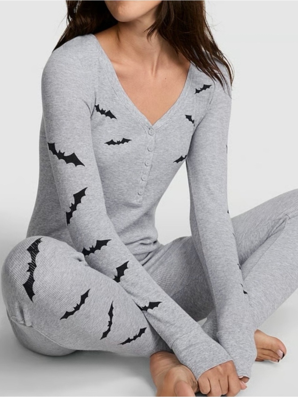 Gray Thermal Henley Pajama Set with Black Bat Prints